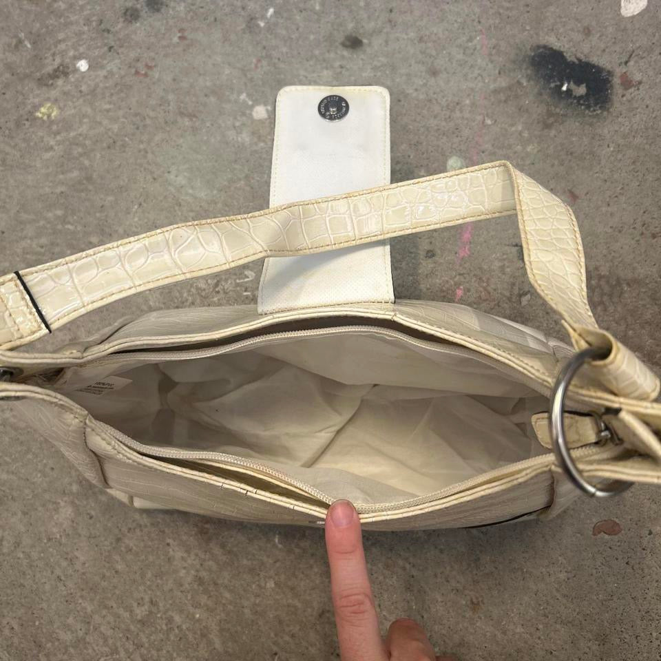 cream faux leather buckle effect shoulder bag
