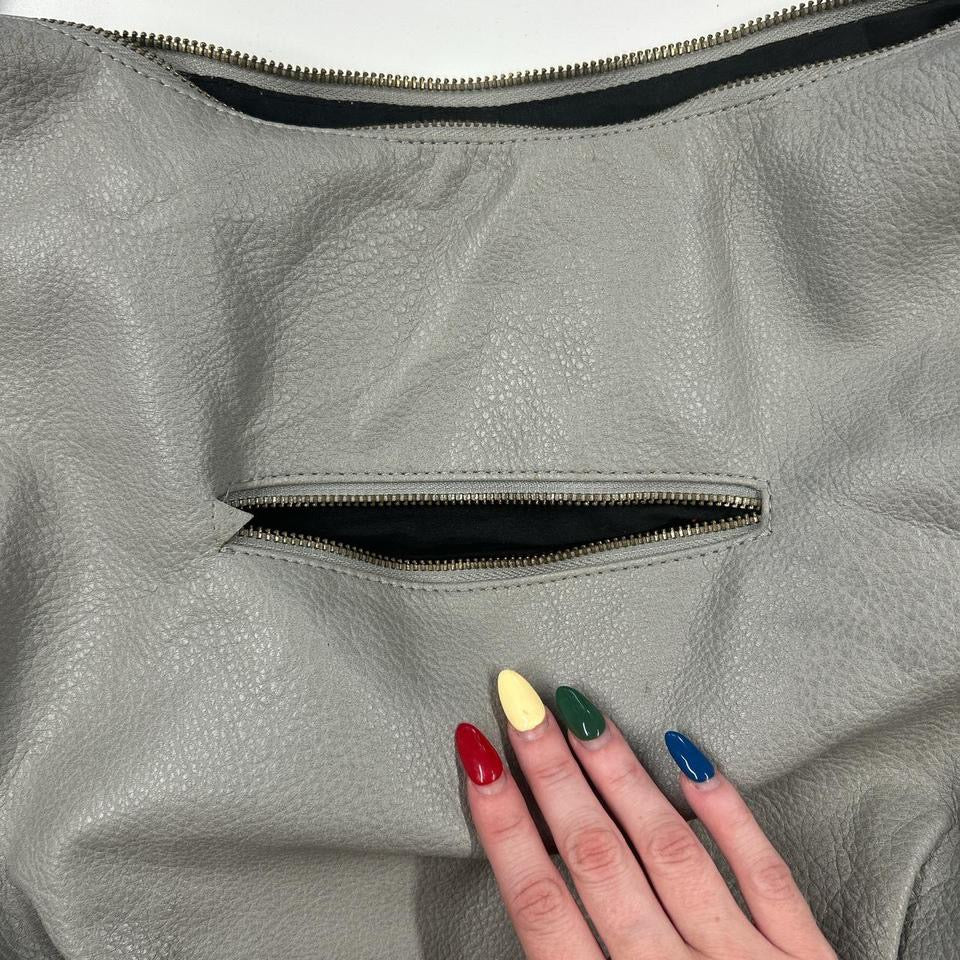 grey studded slouchy faux leather shoulder bag