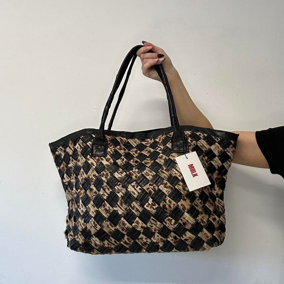 leopard print and black woven leather shoulder bag