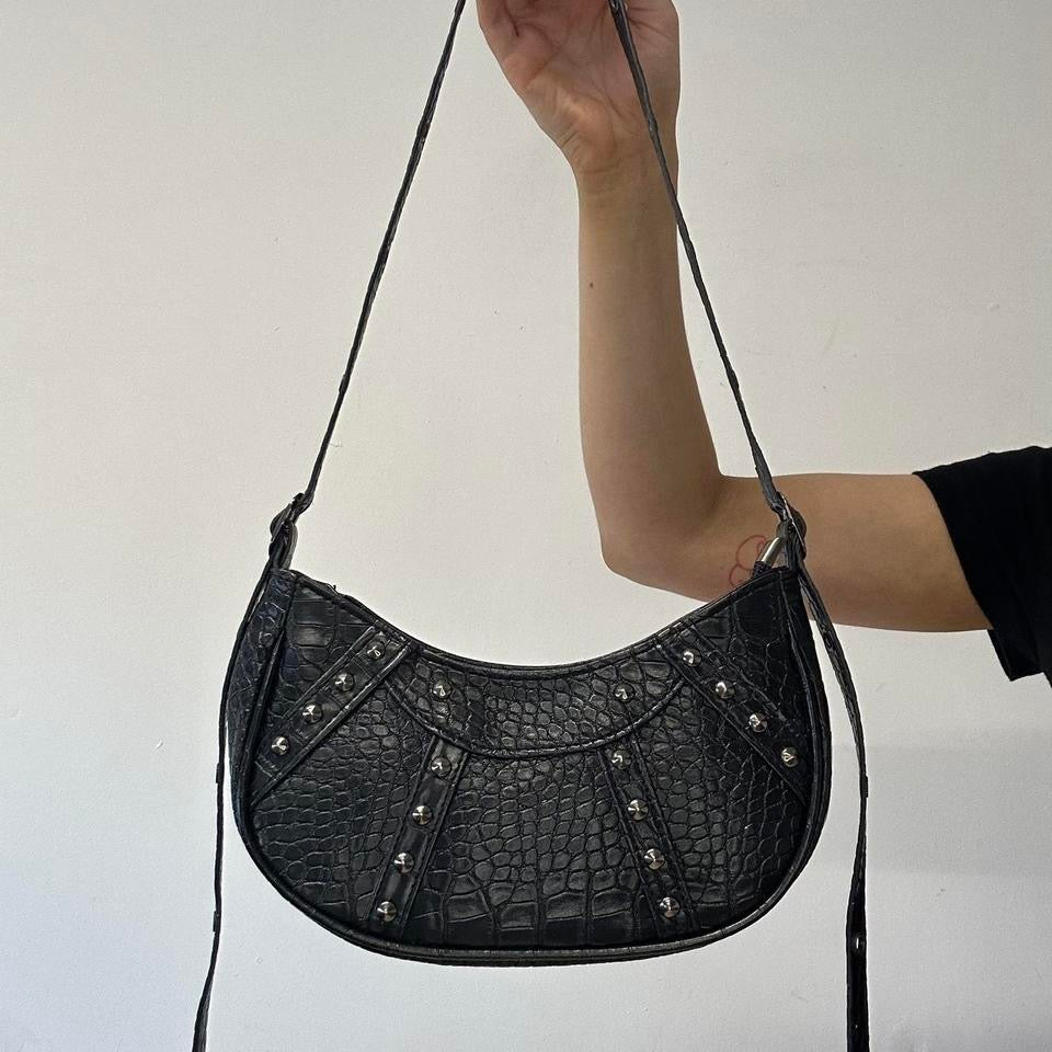 black studded faux leather croc effect shoulder bag