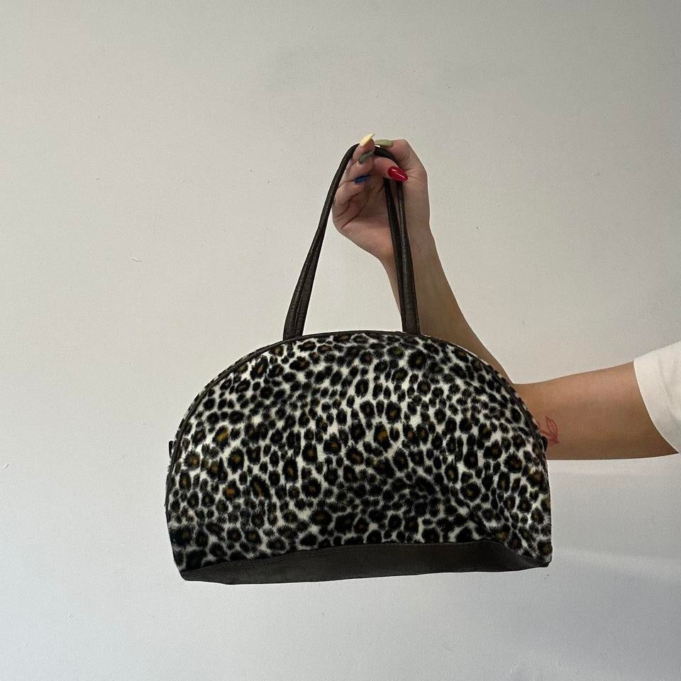 leopard print fleece studded shoulder bag