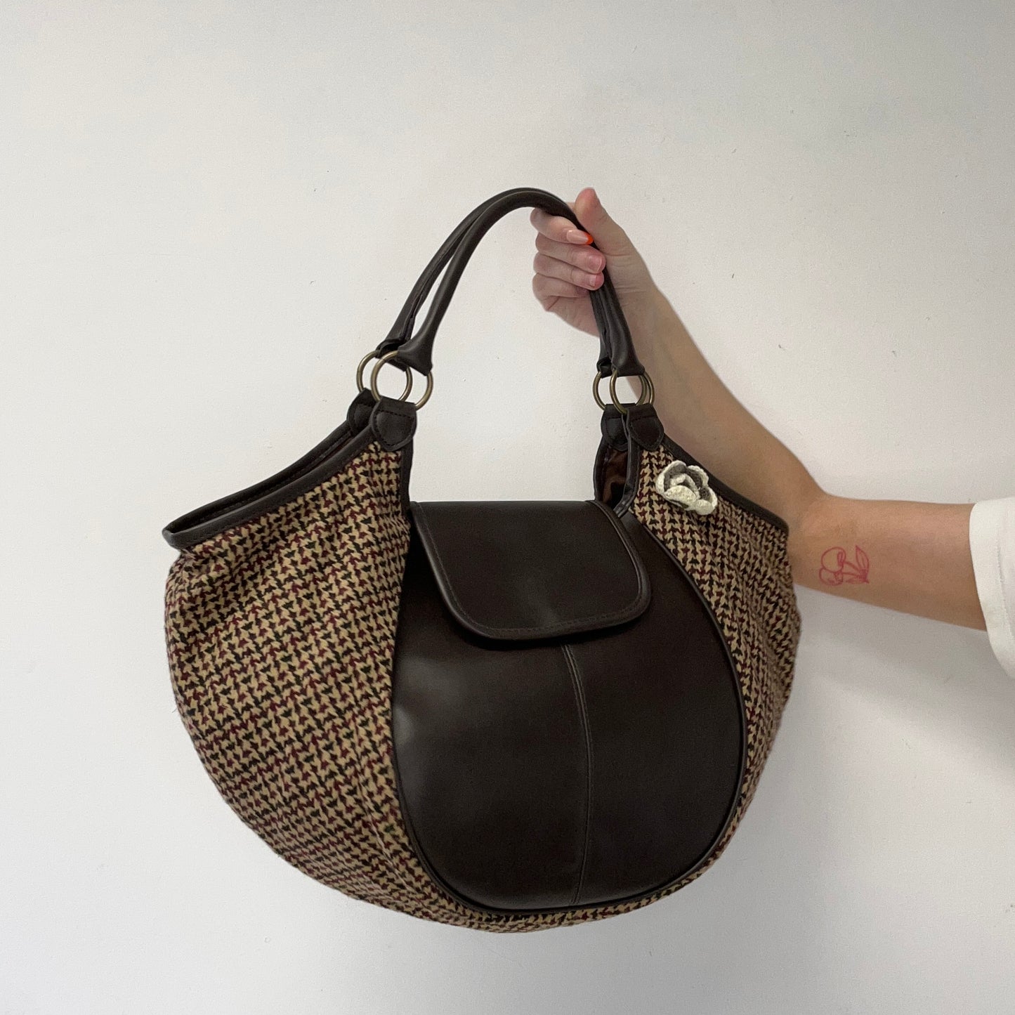 brown and burgundy plaid faux leather shoulder bag