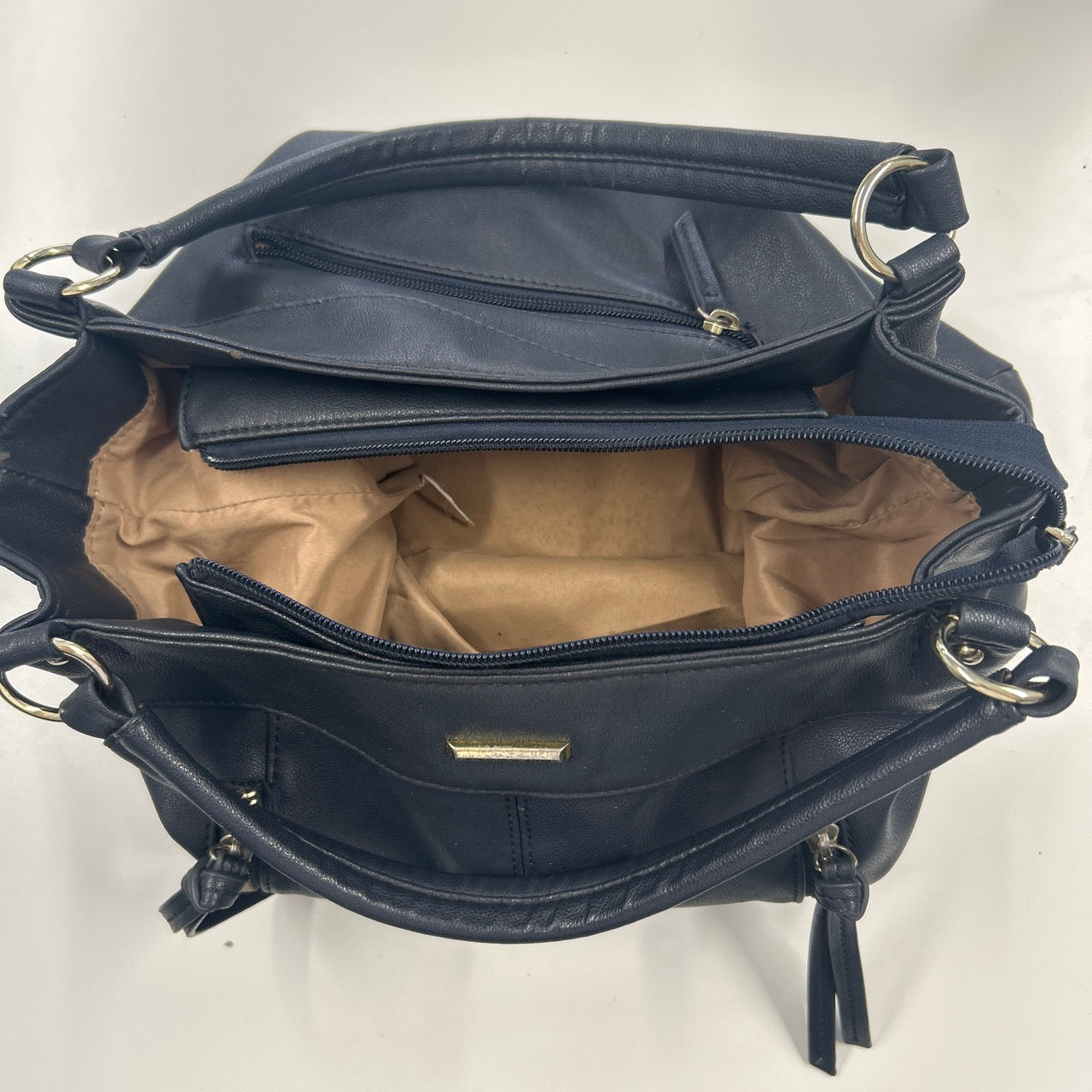 navy blue double zip faux leather shoulder bag