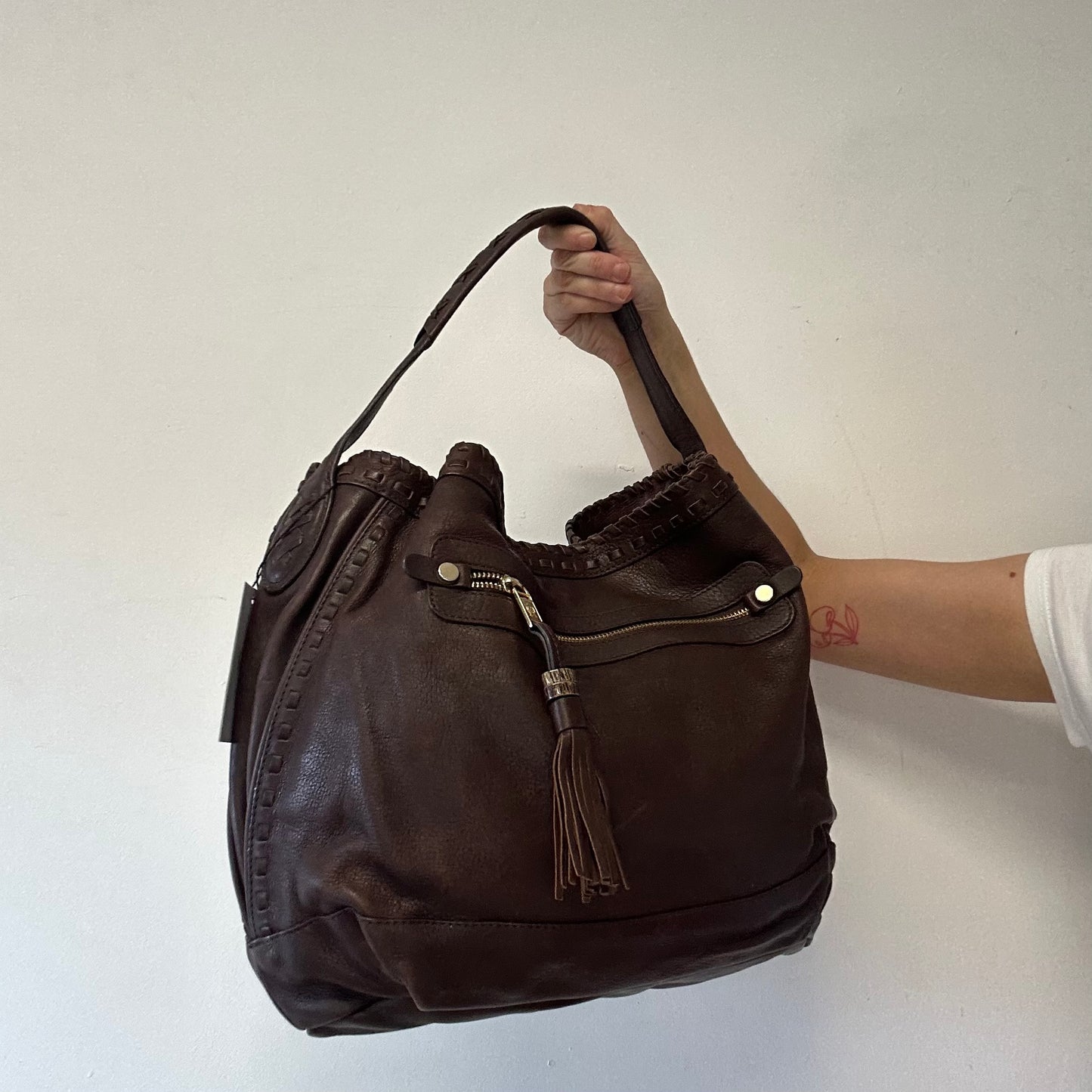 brown slouchy genuine leather shoulder bag