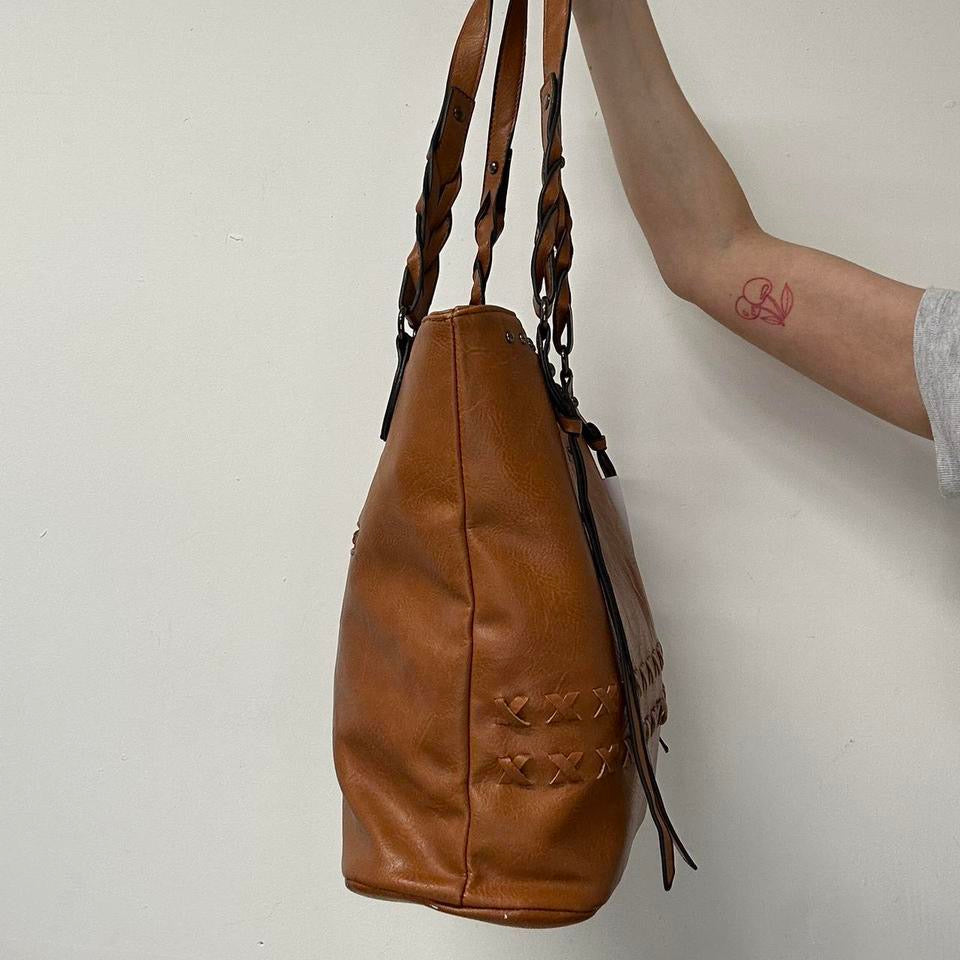 tanned studded faux leather shoulder bag