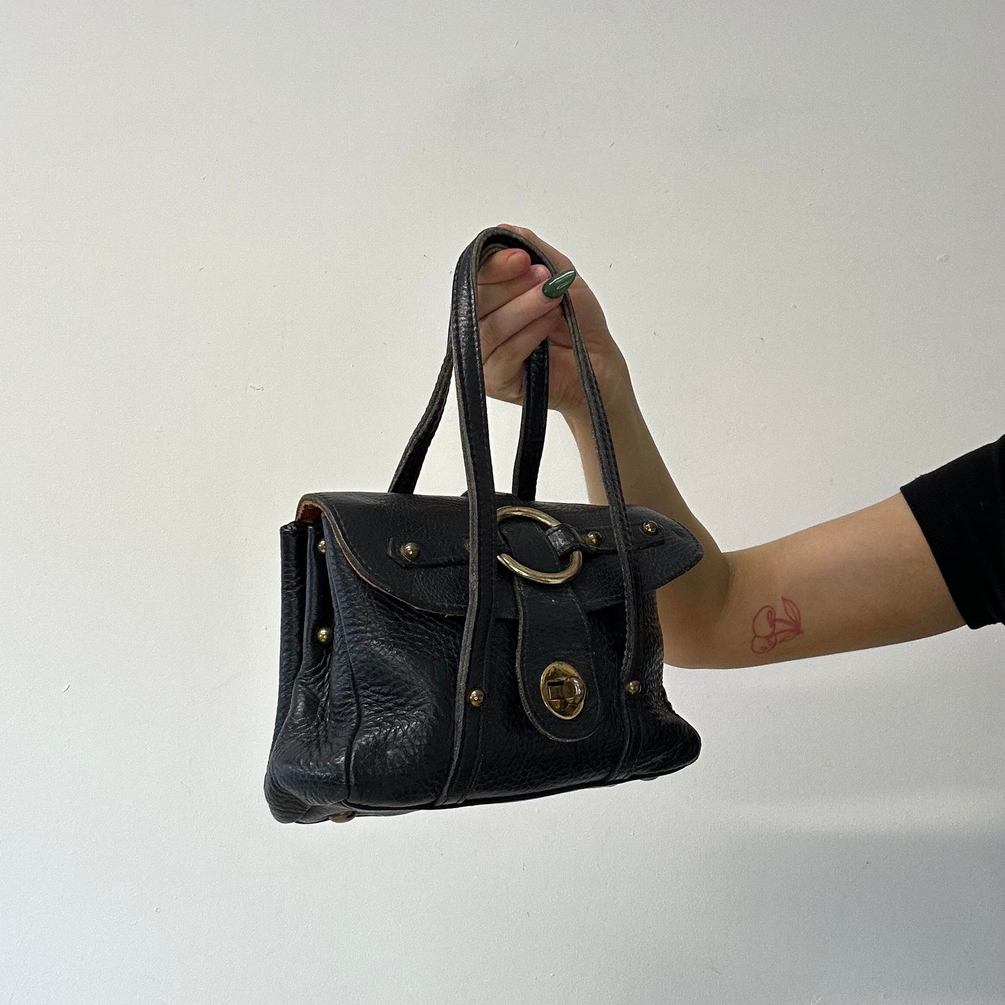 navy studded leather ultra mini hand bag