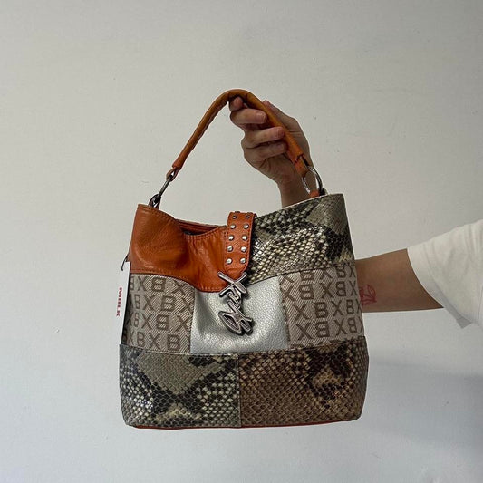 orange faux leather animal print shoulder bag