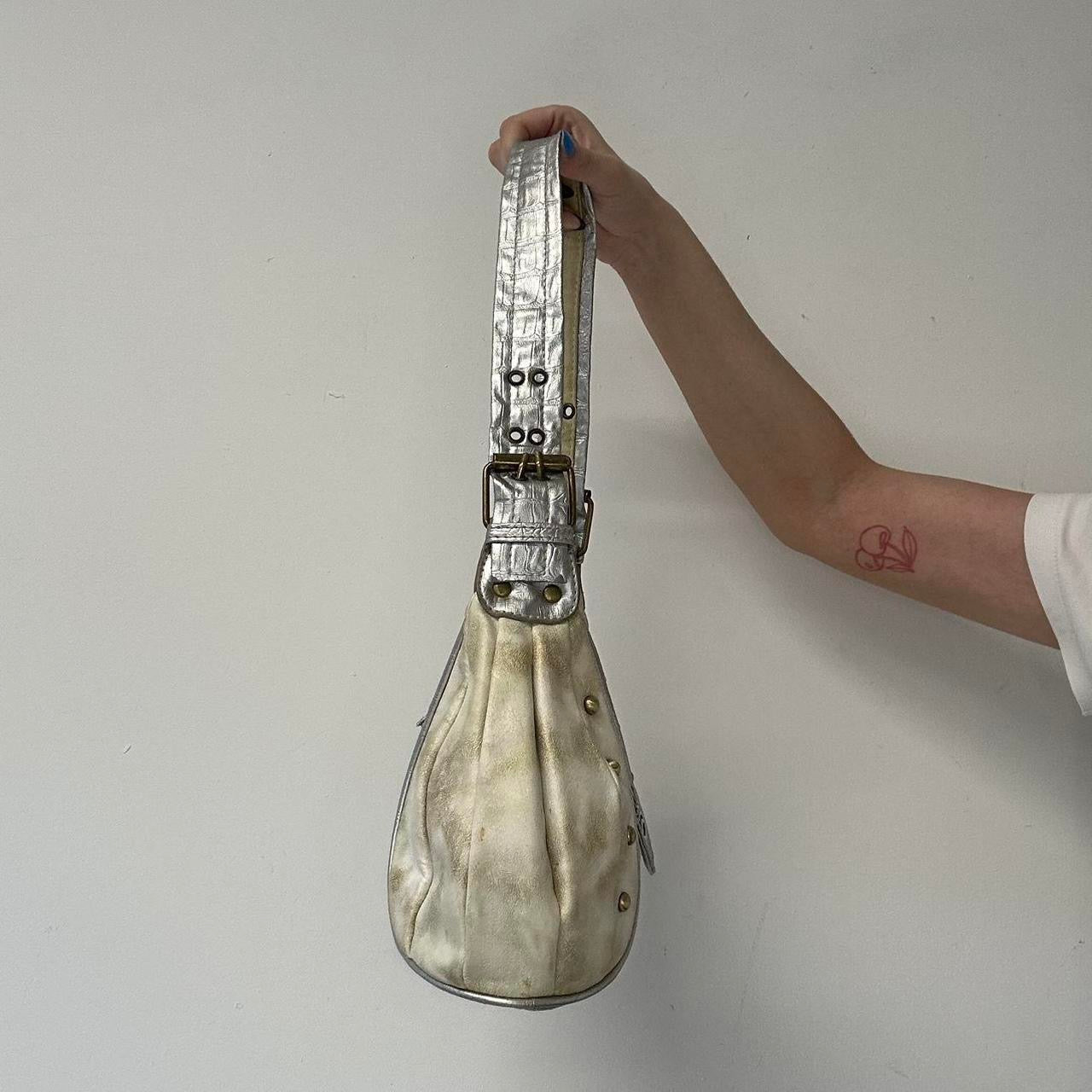 silver and gold studded crown faux leather shoulder bag