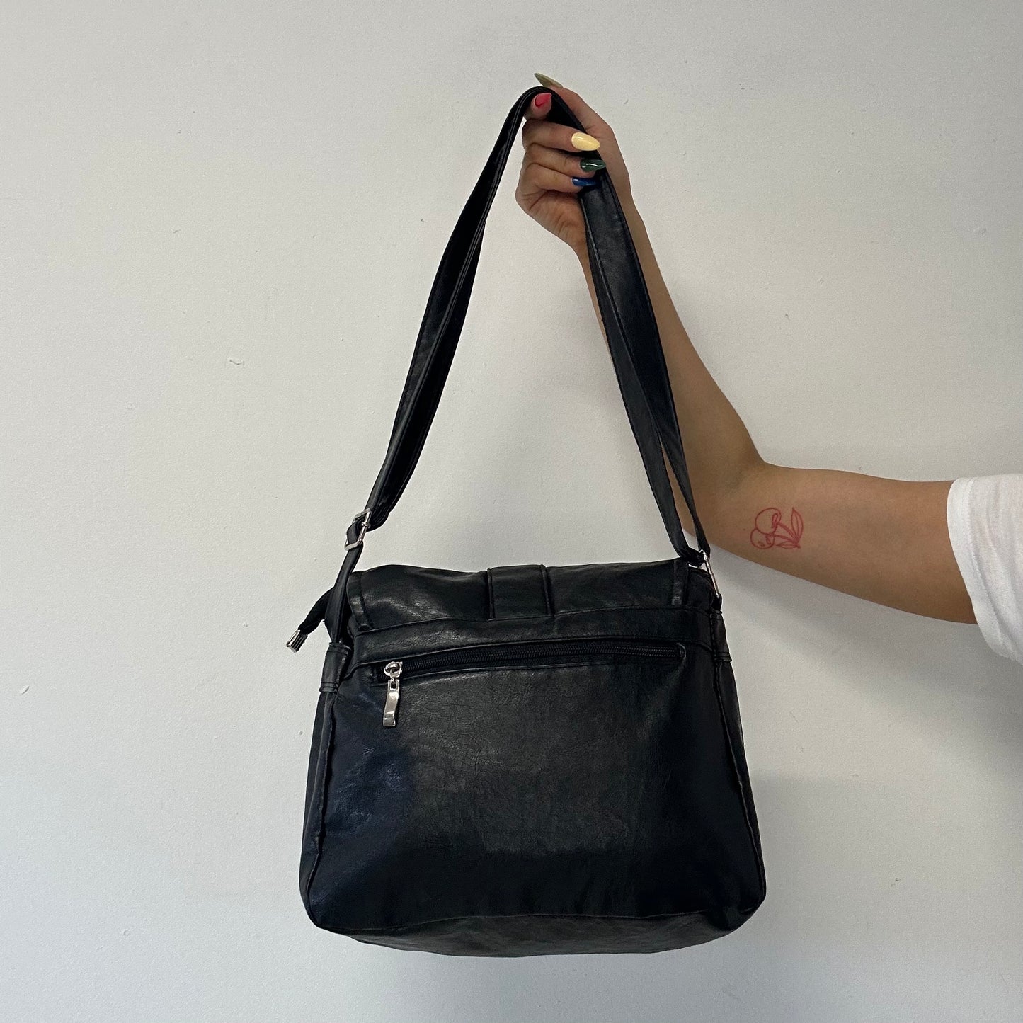 black faux leather double pocket  shoulder bag