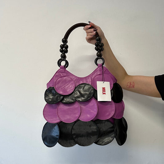 pink and black faux leather disc beaded shoulder bag