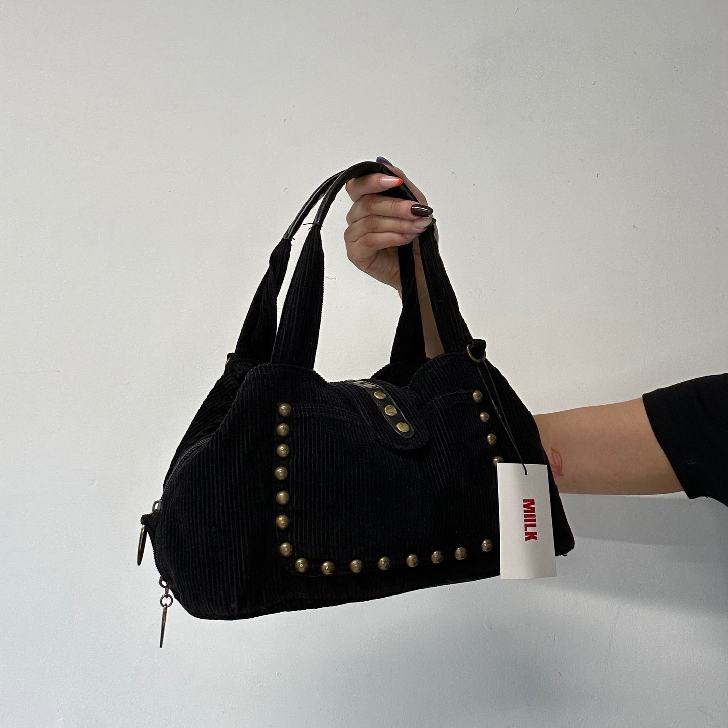 black corduroy studded shoulder bag