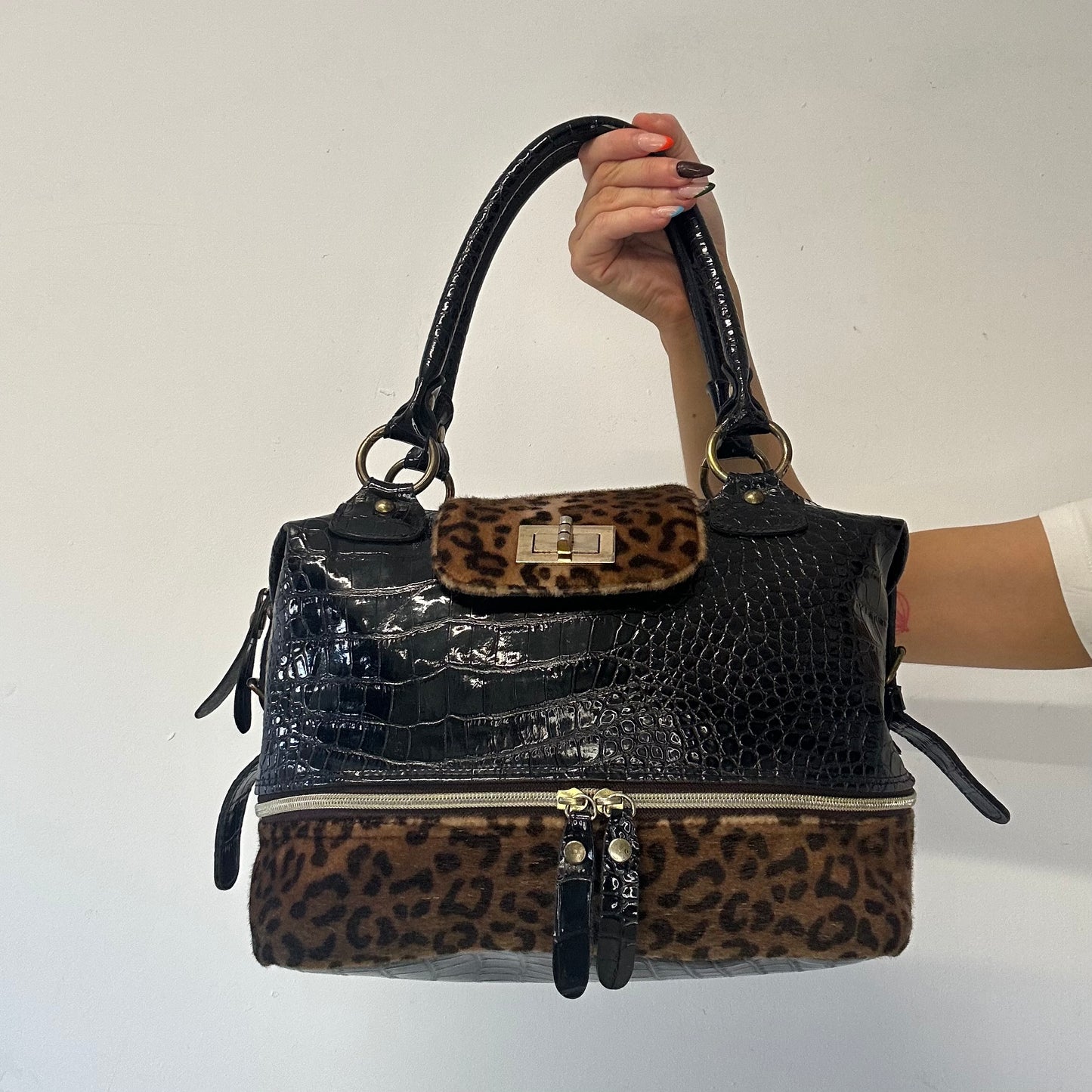 black croc effect and leopard print shoulder bag