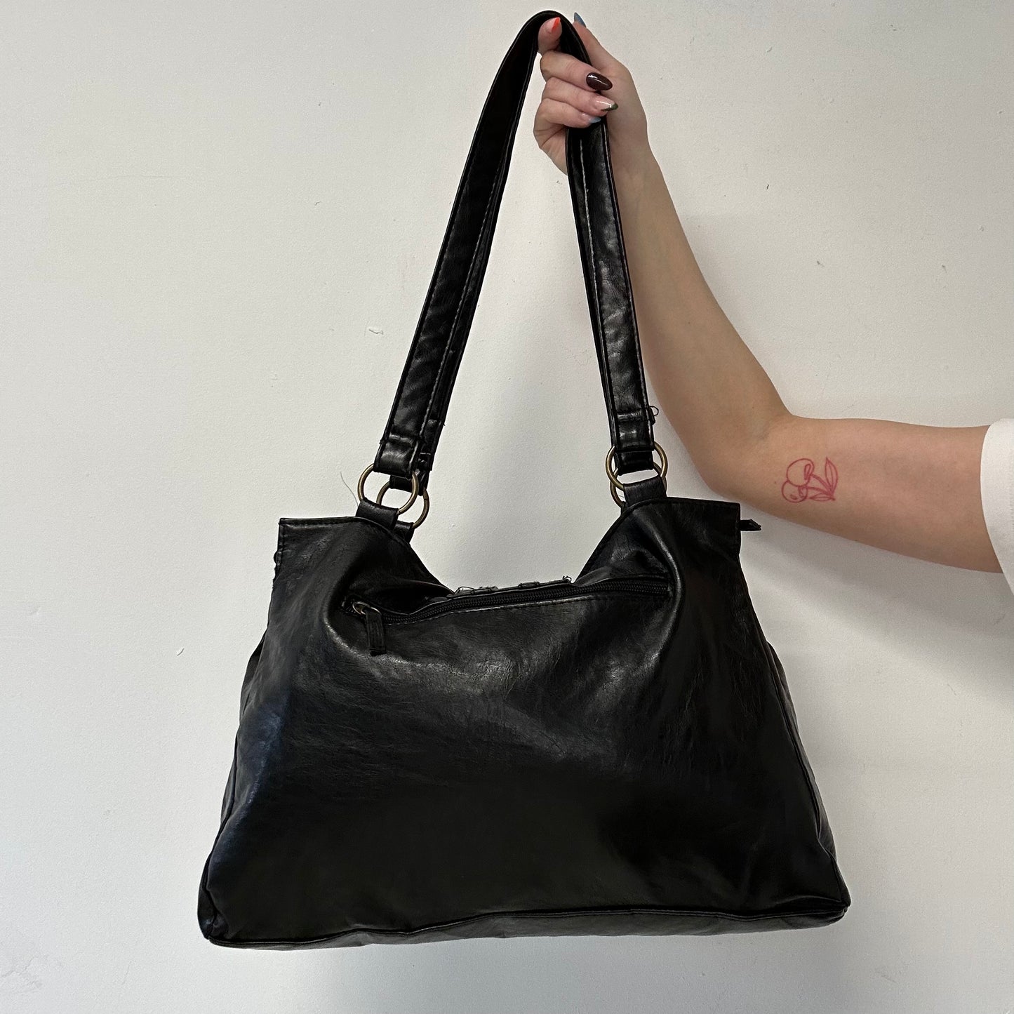 black faux leather studded buckle shoulder bag
