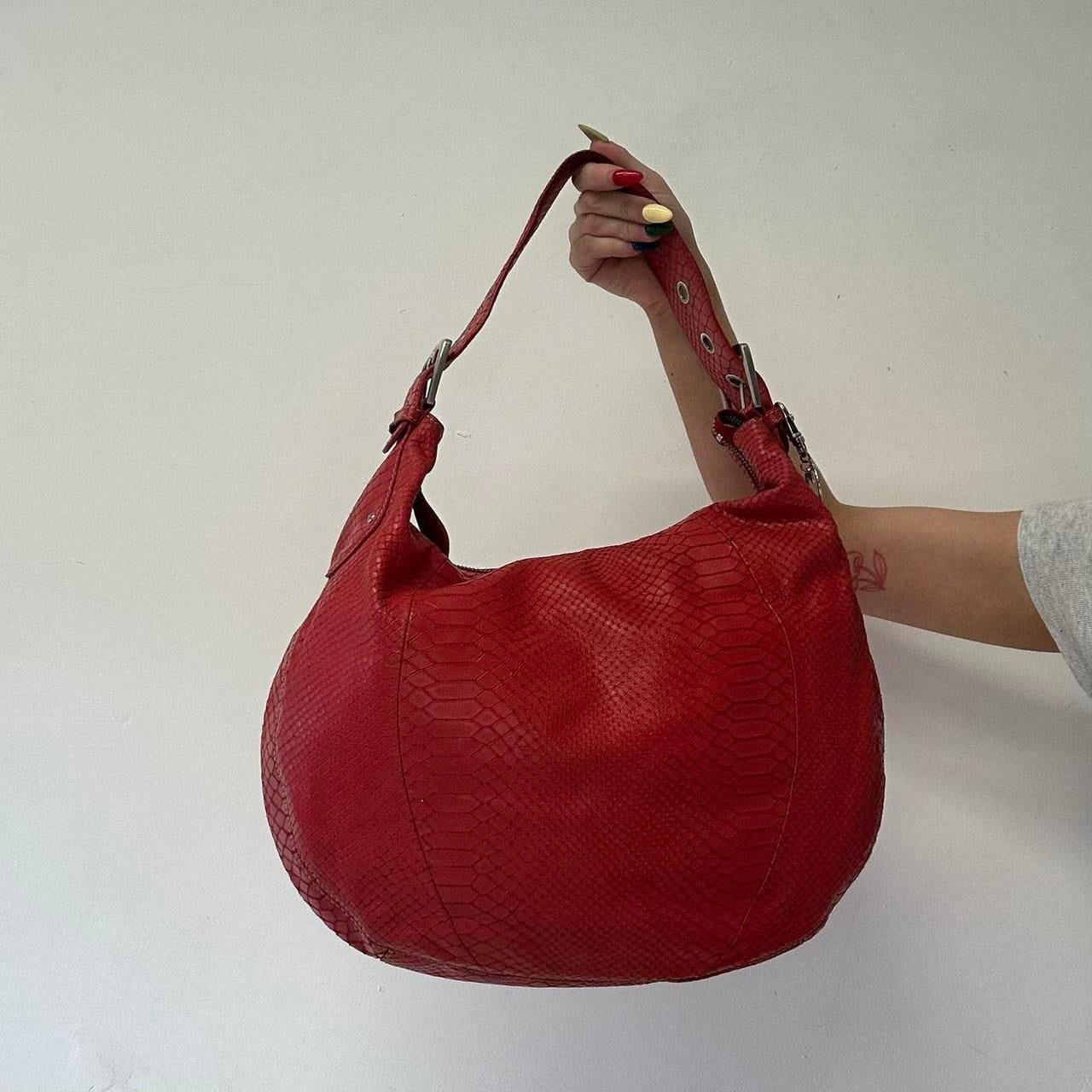 red leather croc effect buckle shoulder bag