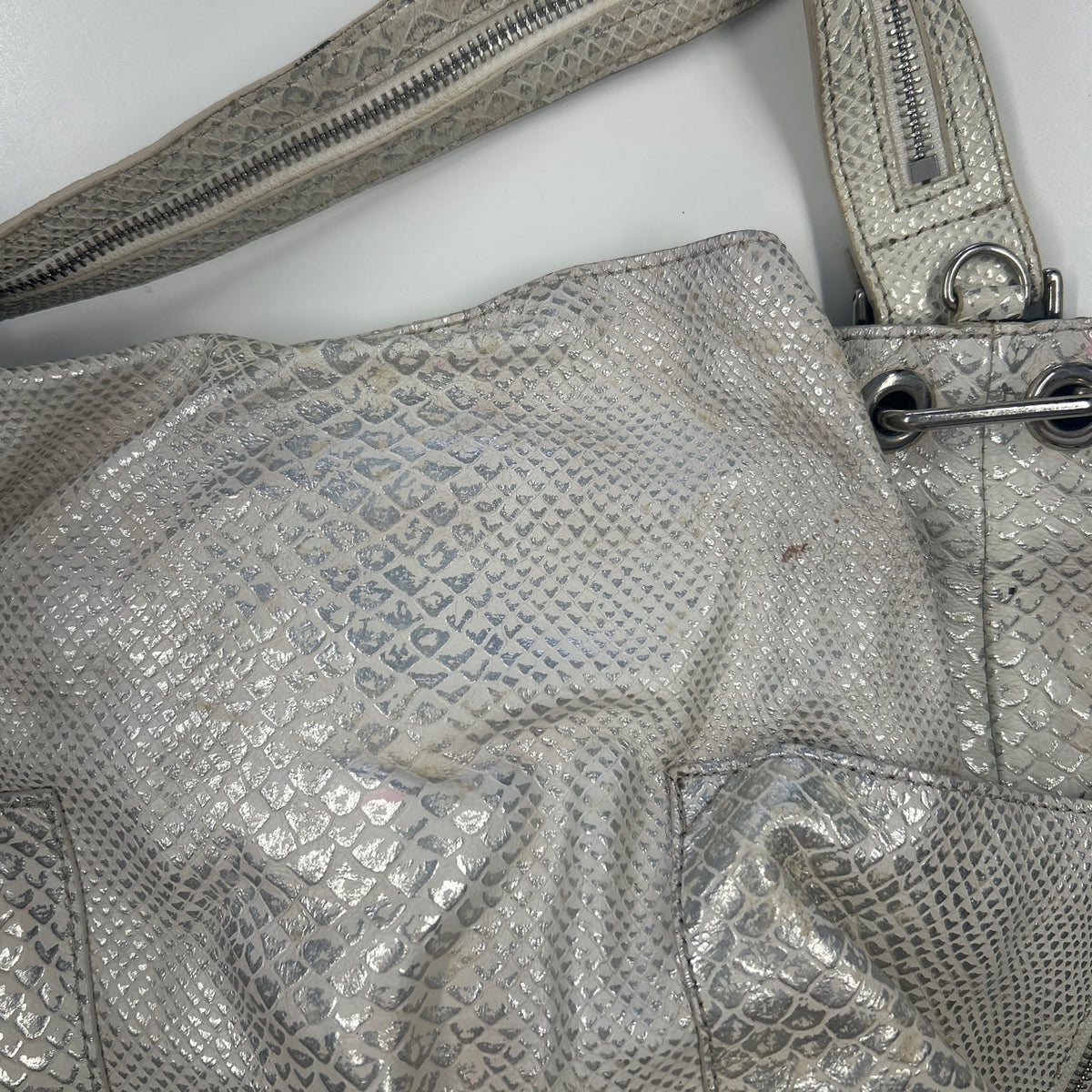 white and silver croc effect faux leather shoulder bag