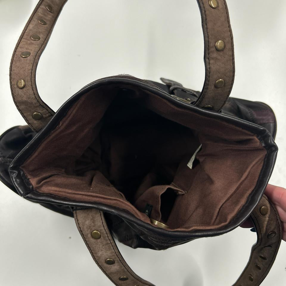 brown patchwork leather studded shoulder bag