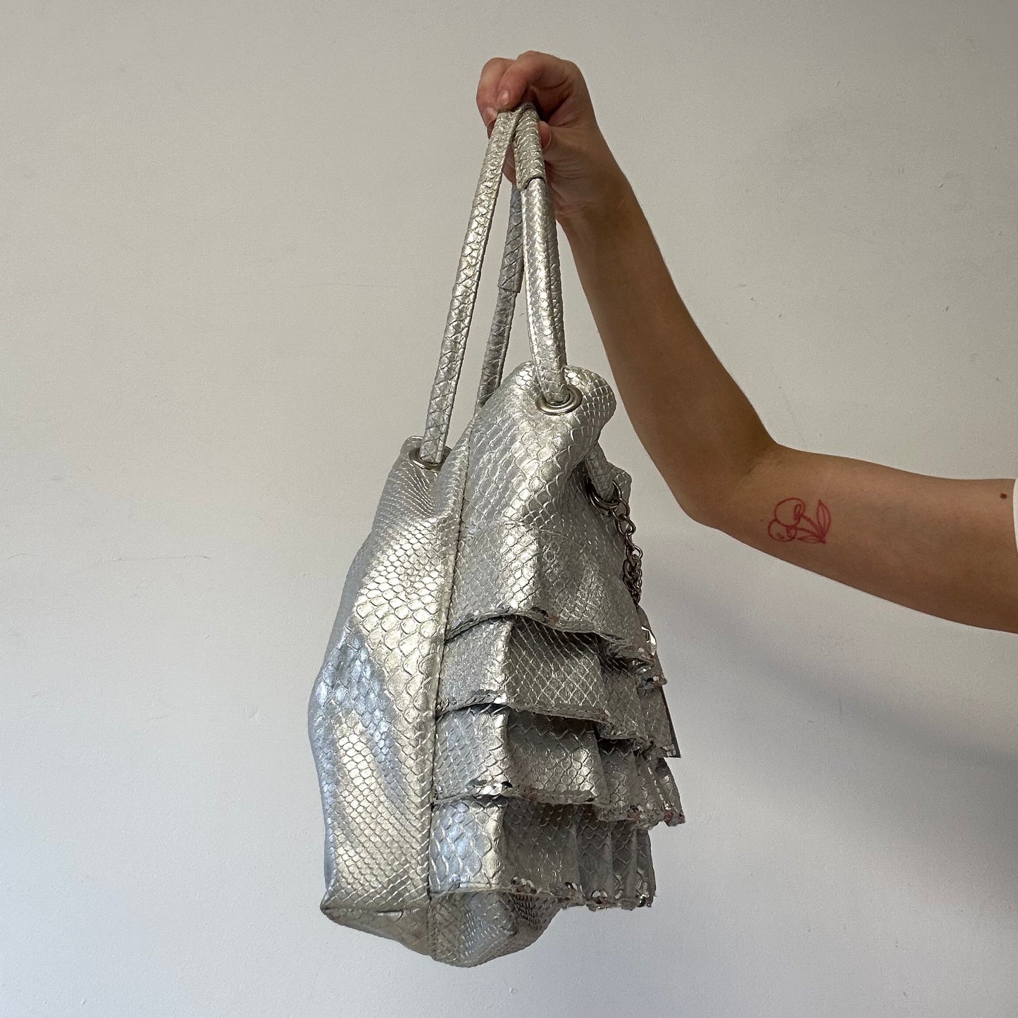 silver croc effect ruffled faux leather shoulder bag