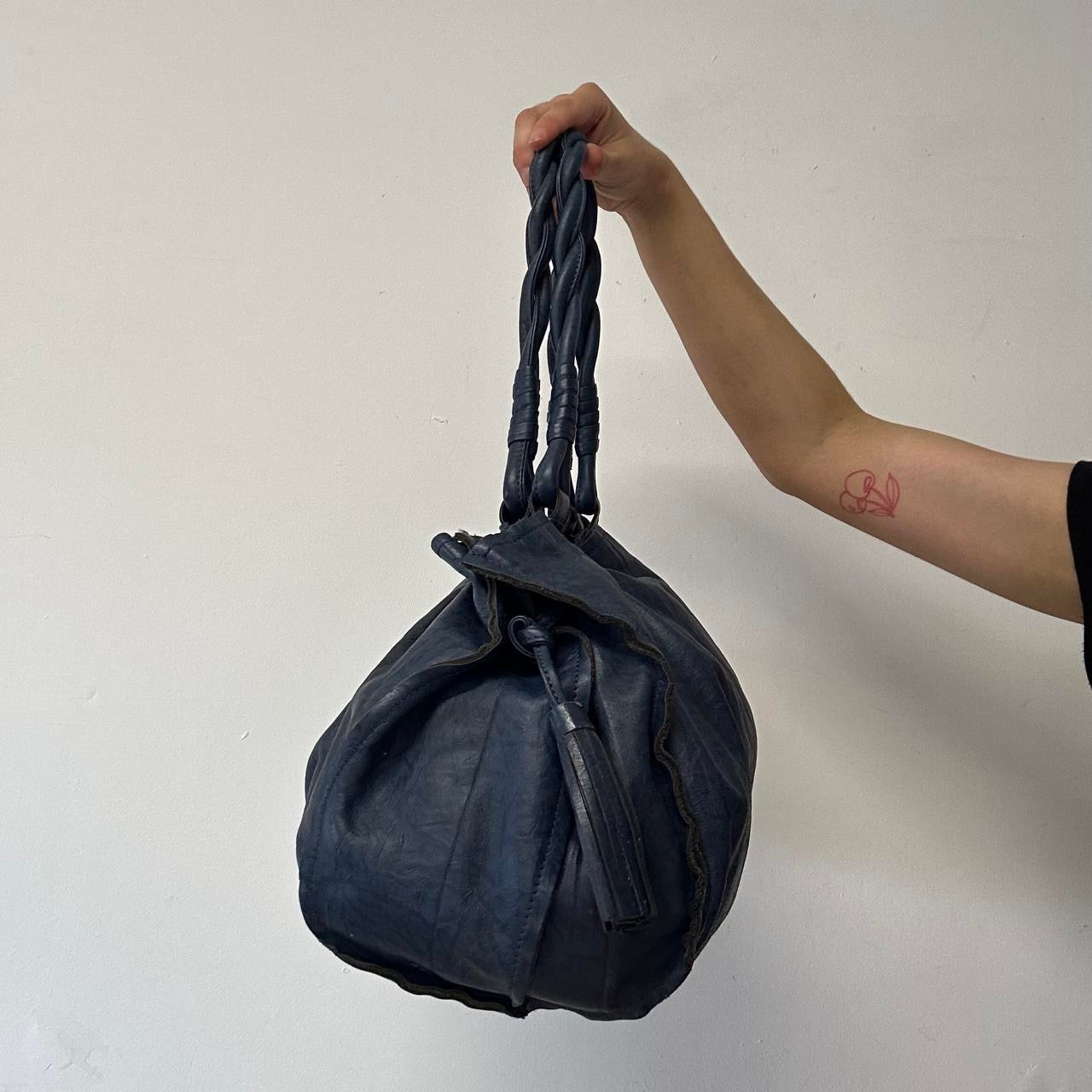 navy blue genuine leather twisted handle shoulder bag