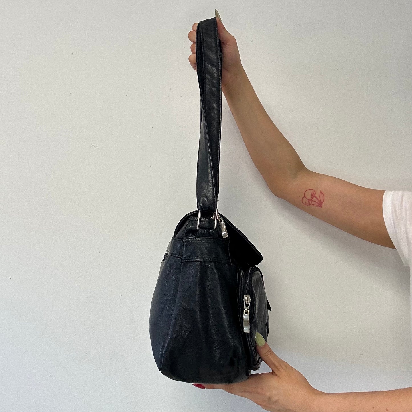 black faux leather double pocket  shoulder bag