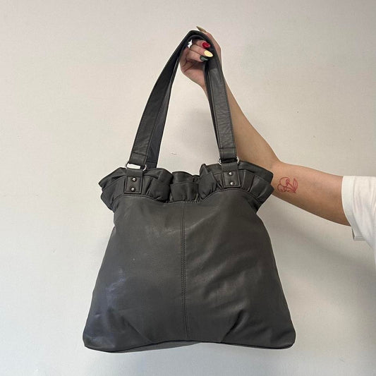 grey faux leather ruffled shoulder bag