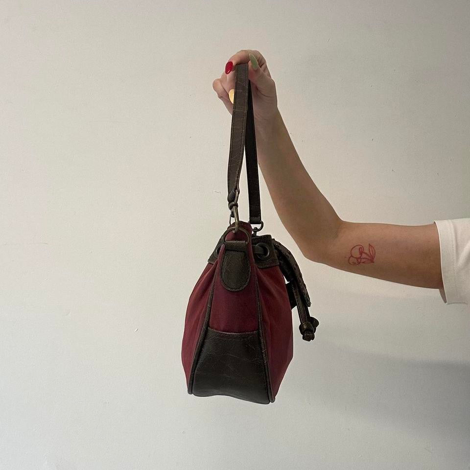 red and brown studded  faux leather shoulder bag