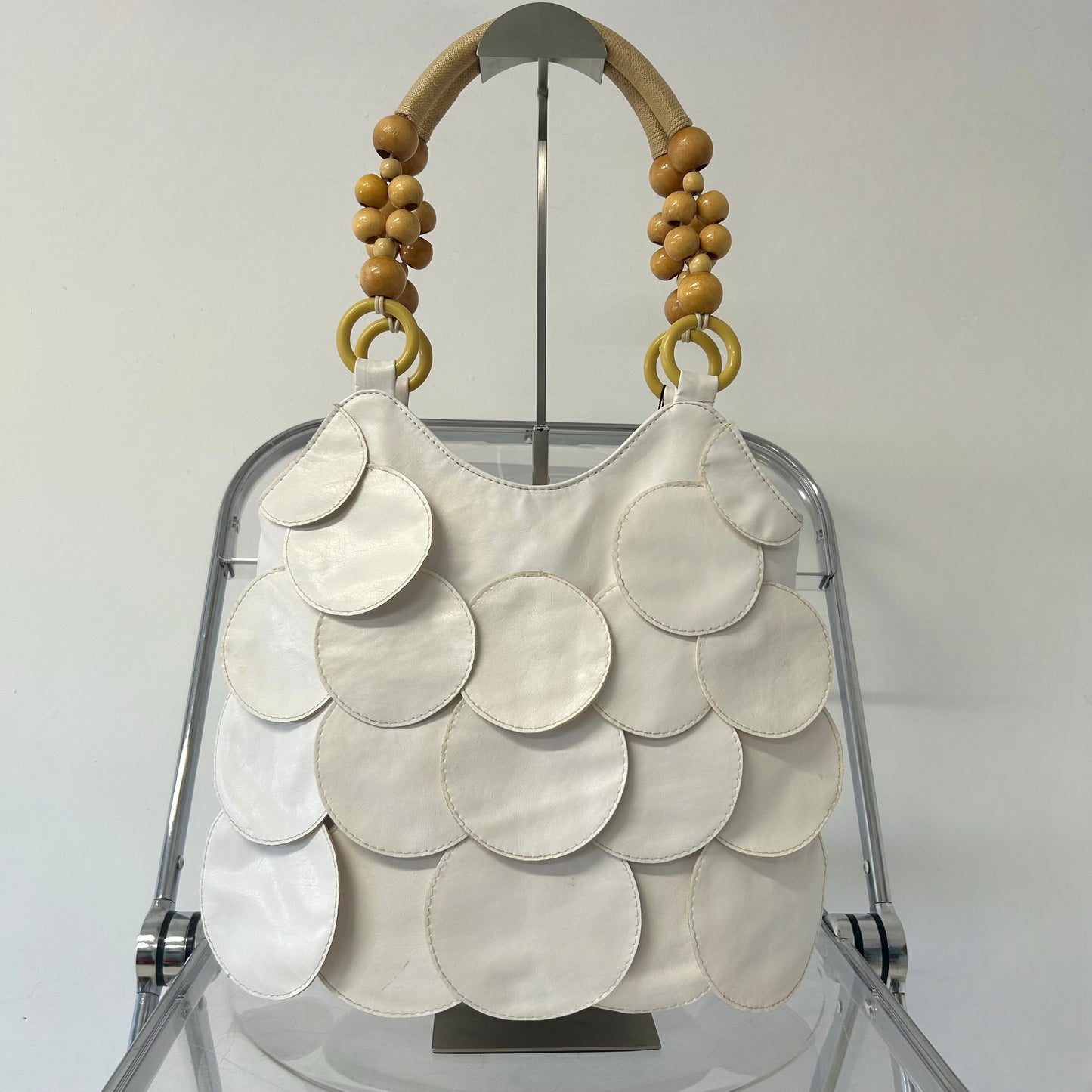 white faux leather disc beaded shoulder bag
