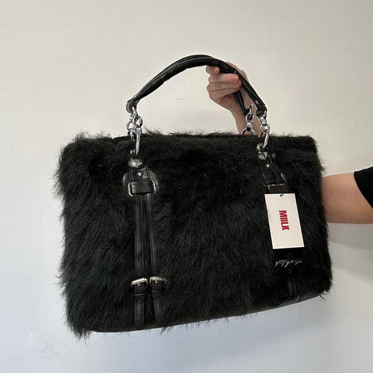 black faux fur buckle handbag