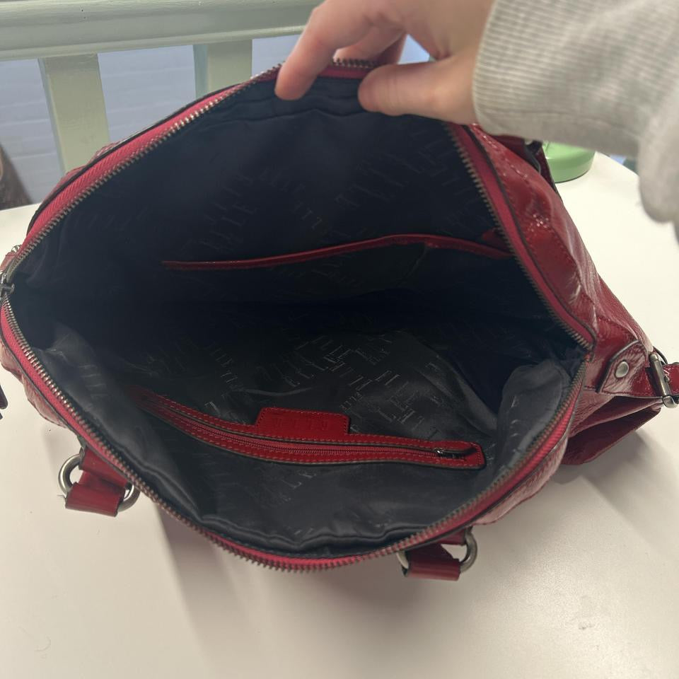red faux leather padlock buckle shoulder bag
