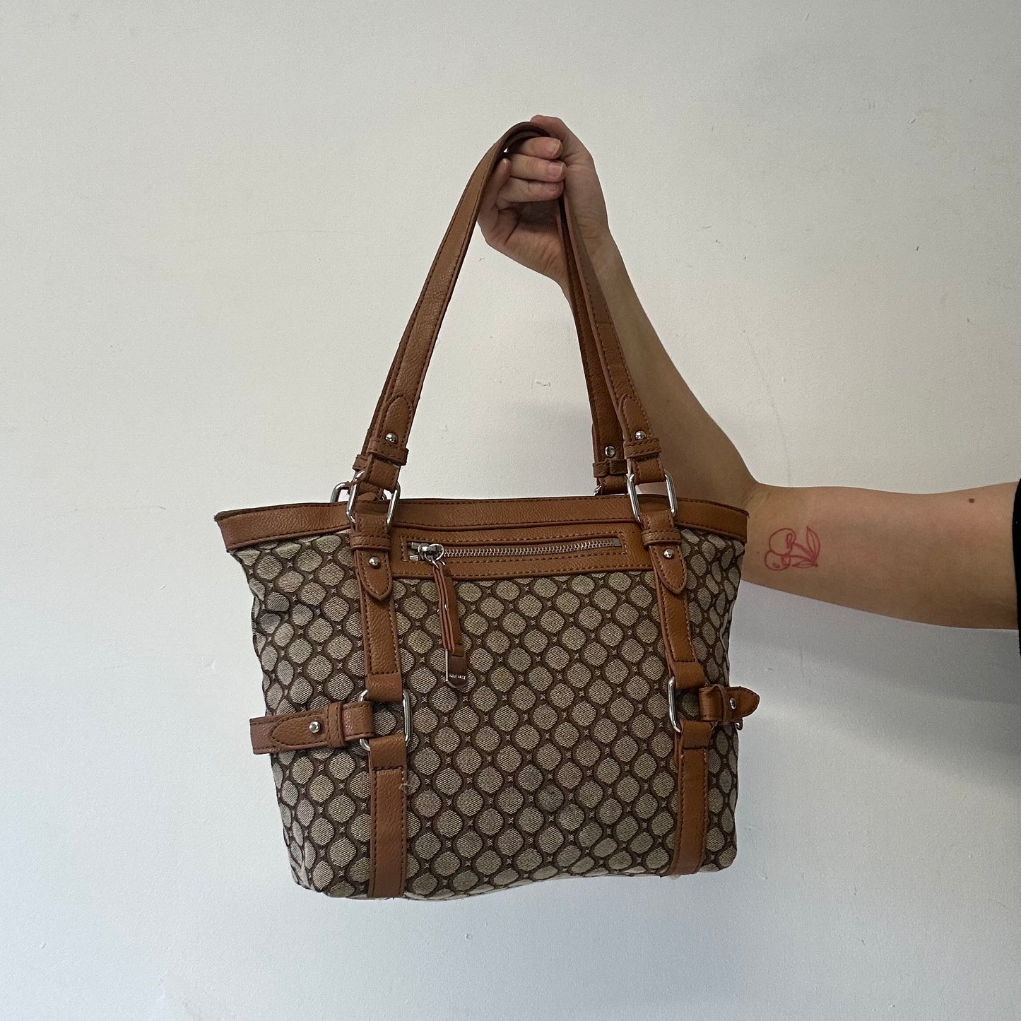 brown canvas monogram faux leather shoulder bag