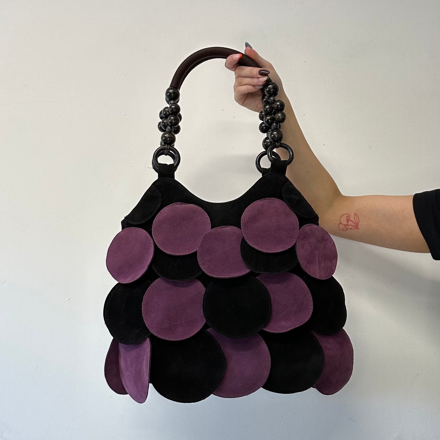 purple and black suede disc beaded shoulder bag