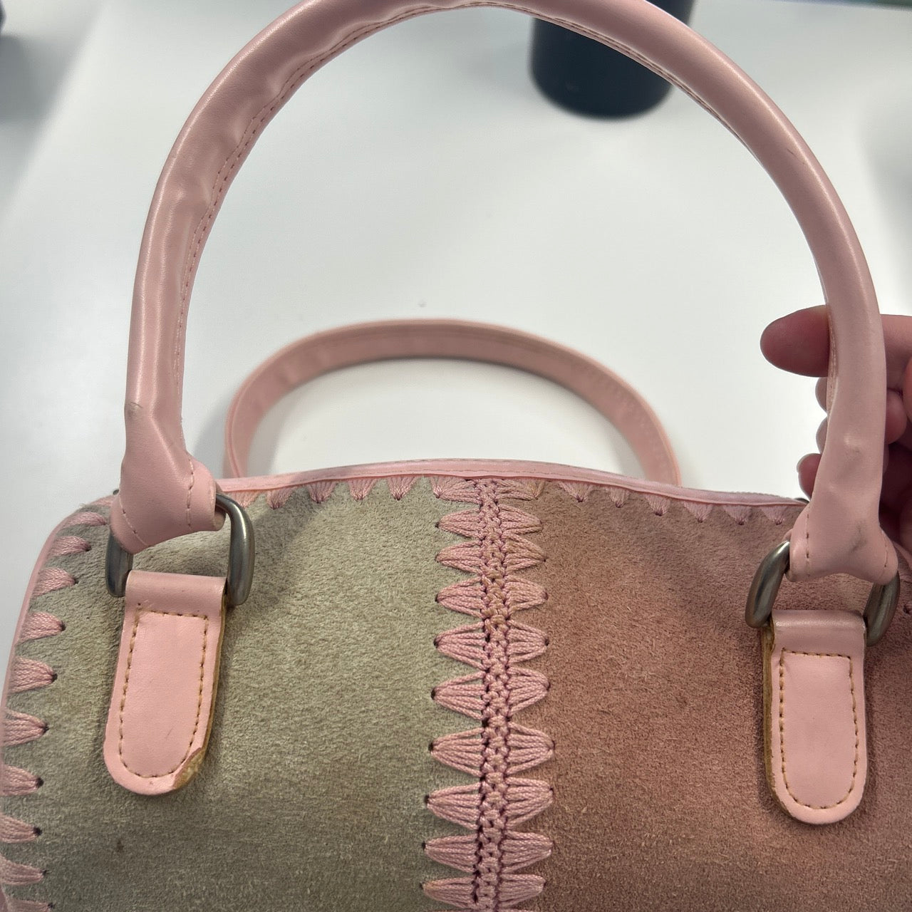 pastel patchwork stitching barrel mini handbag
