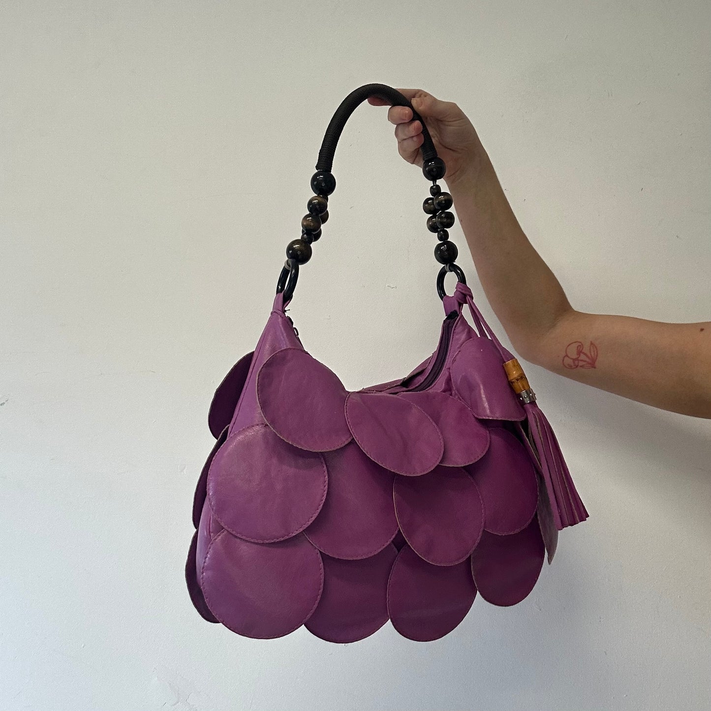 purple faux leather disc beaded shoulder bag