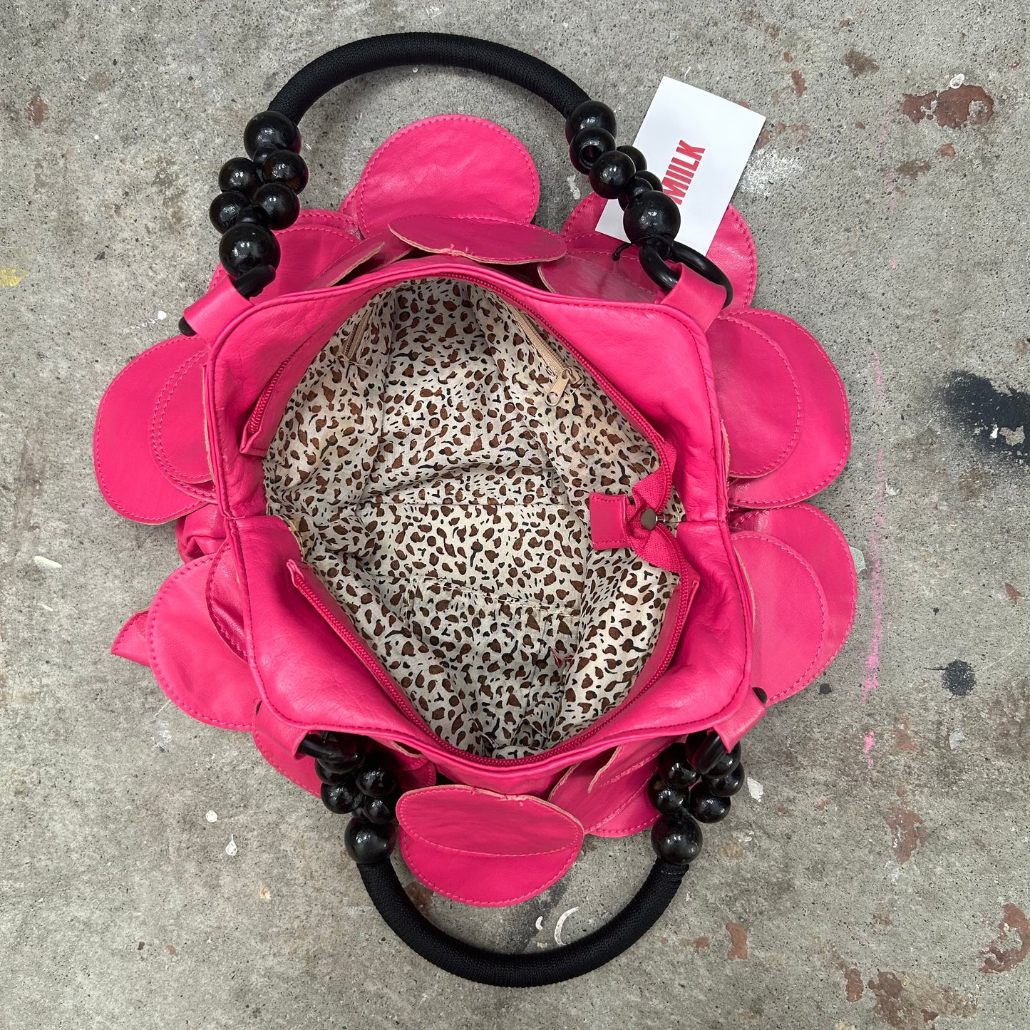 hot pink faux leather disc beaded shoulder bag