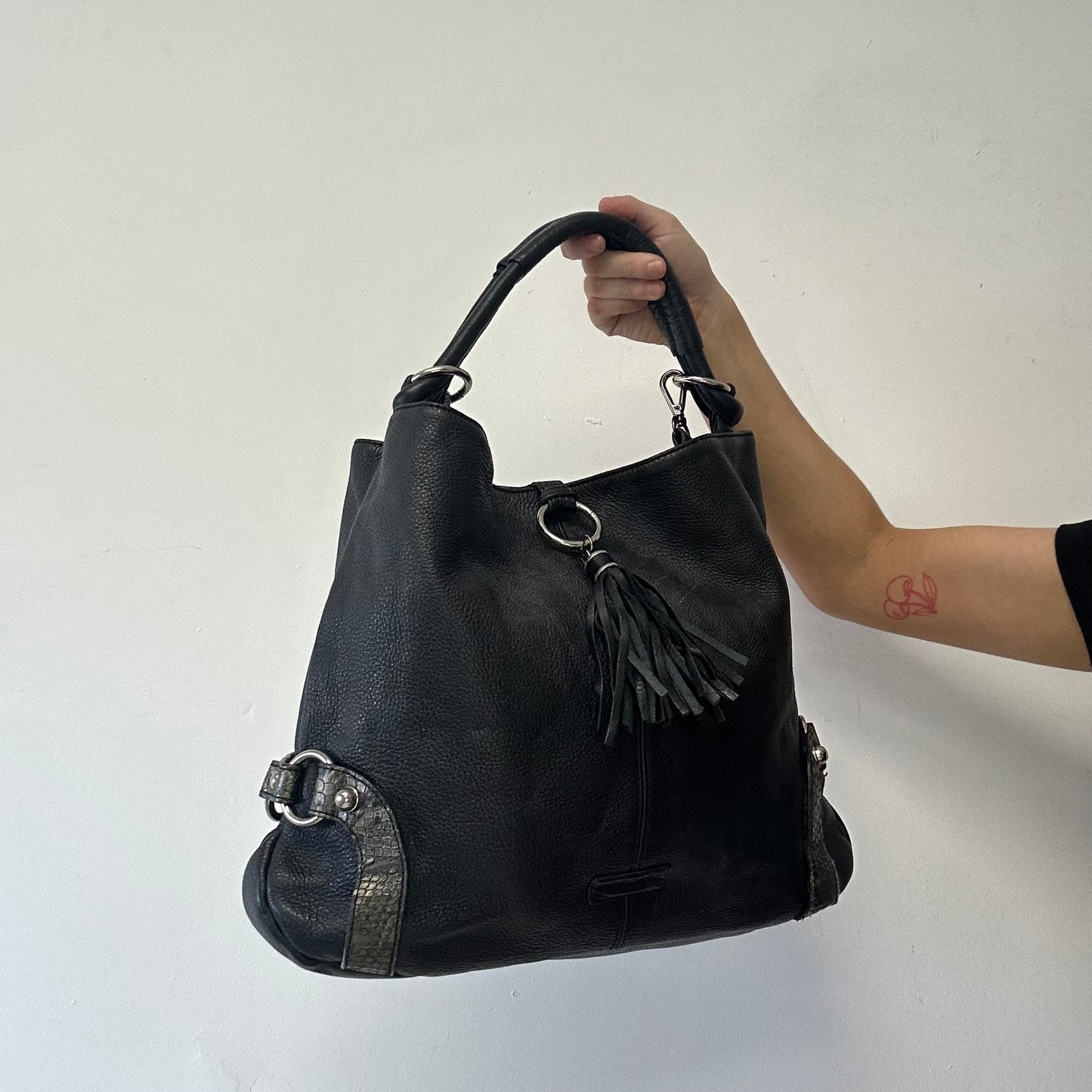 black ruched canvas and faux leather shoulder bag