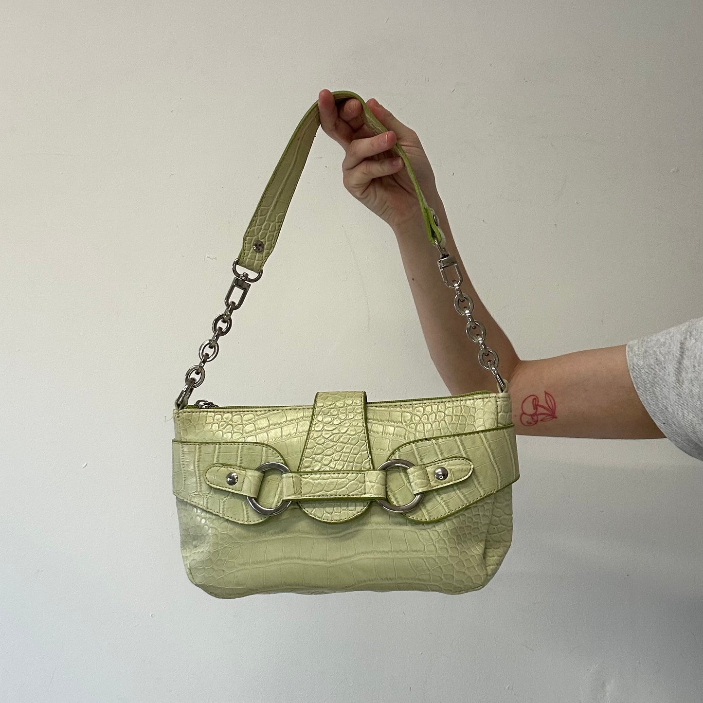 green croc effect faux leather shoulder bag