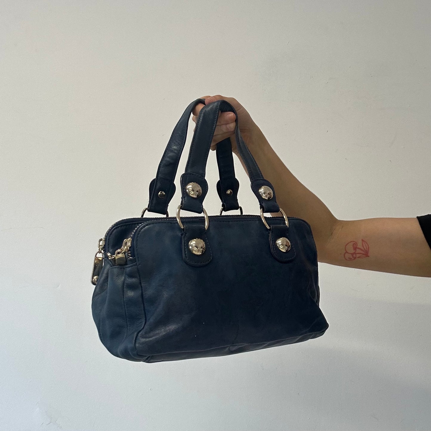navy blue genuine leather triple compartment hand bag