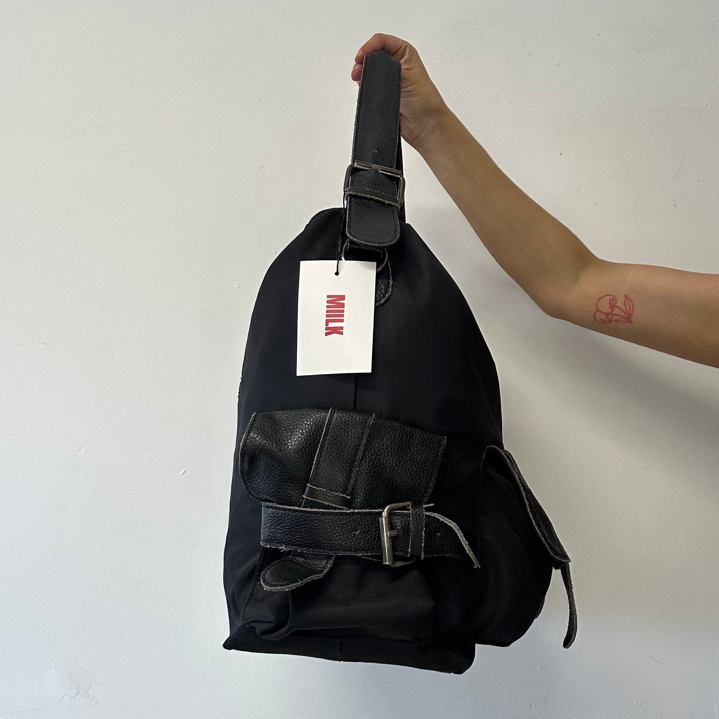 black double pocket canvas large canvas and leather shoulder bag