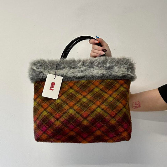 orange and pink plaid faux fur handbag