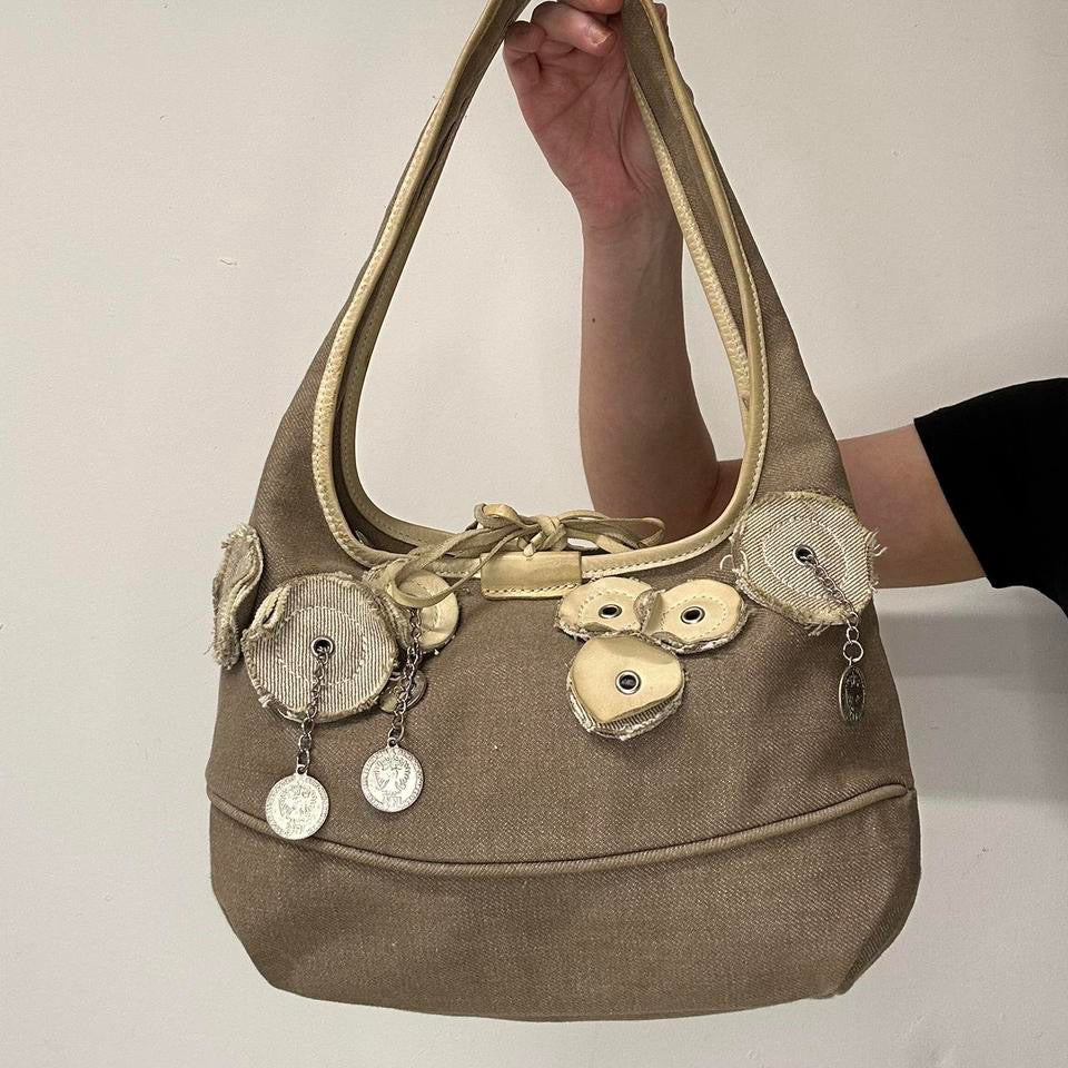 cream and brown chain coin faux shoulder bag