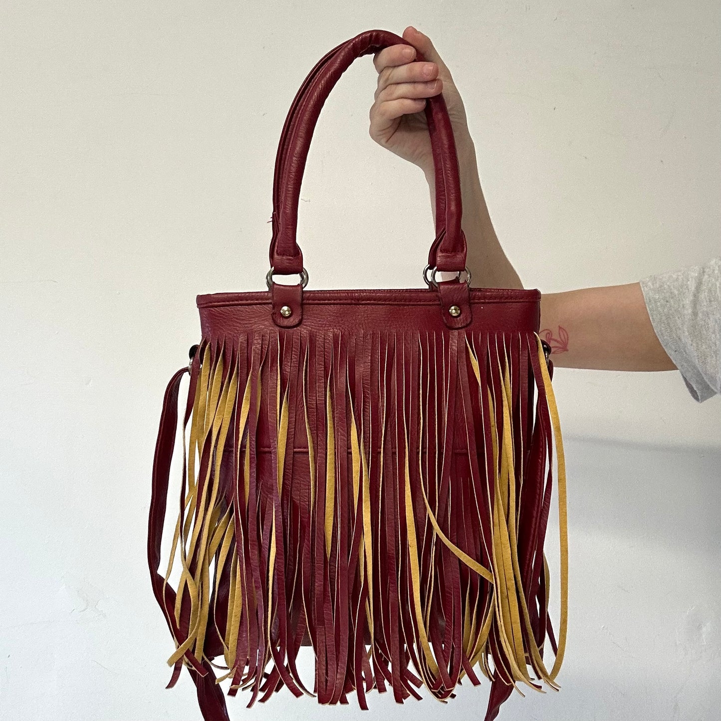 red genuine leather fringe festival shoulder bag