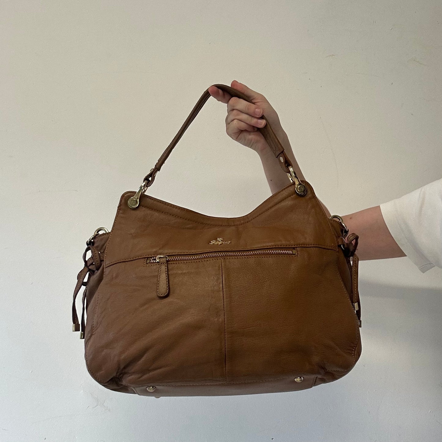 brown sheepskin genuine leather double pocket shoulder bag