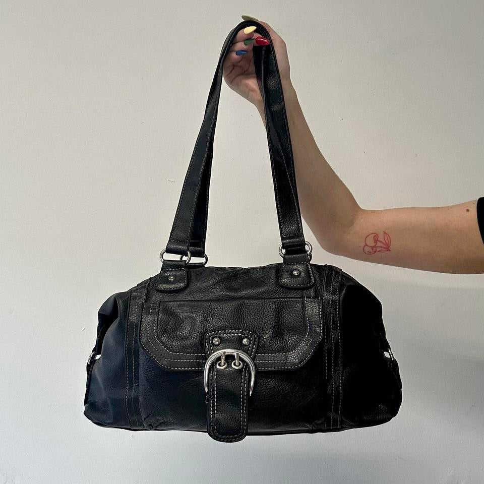 black genuine leather buckle shoulder bag
