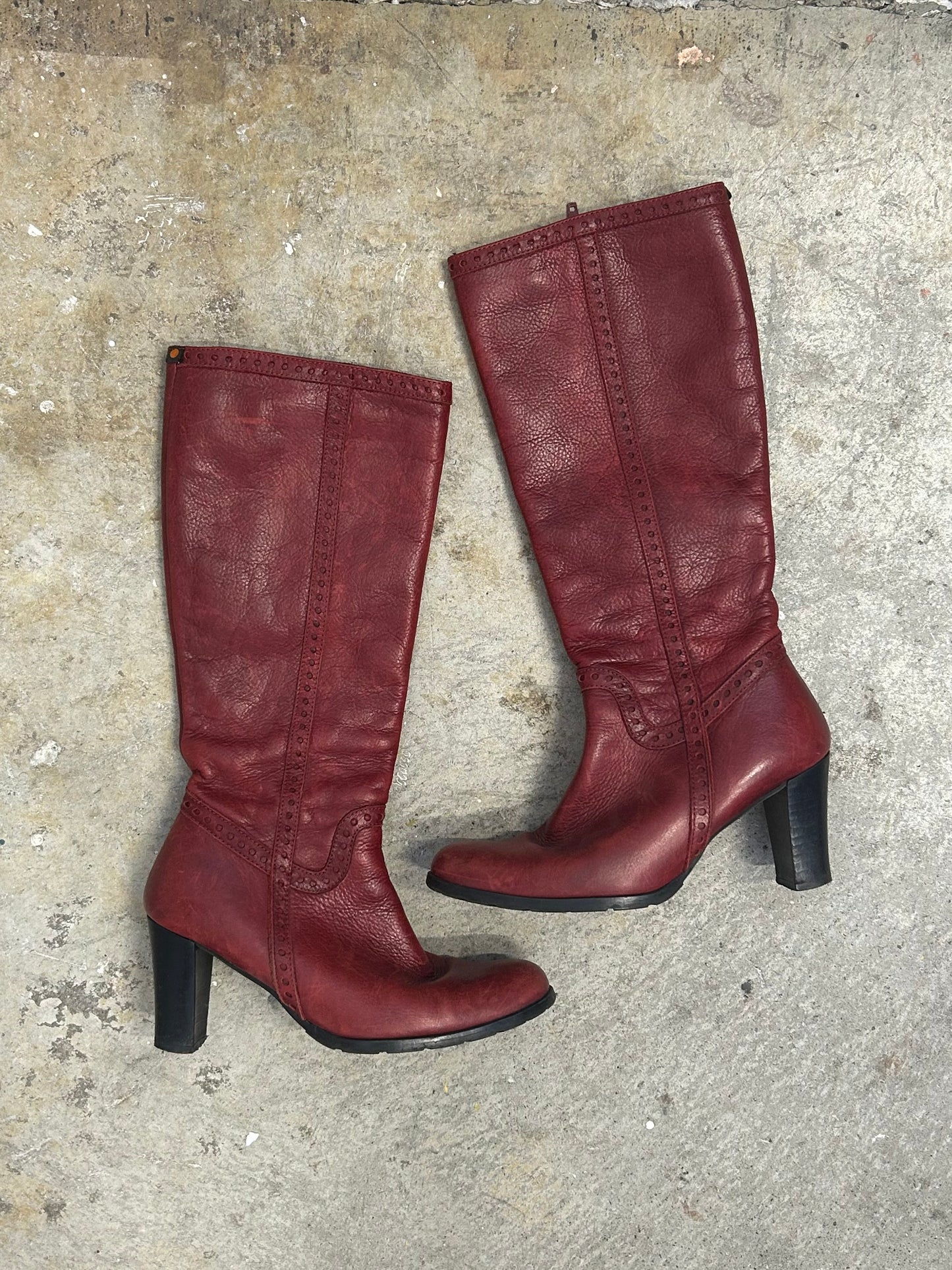 red genuine leather knee high heeled boots