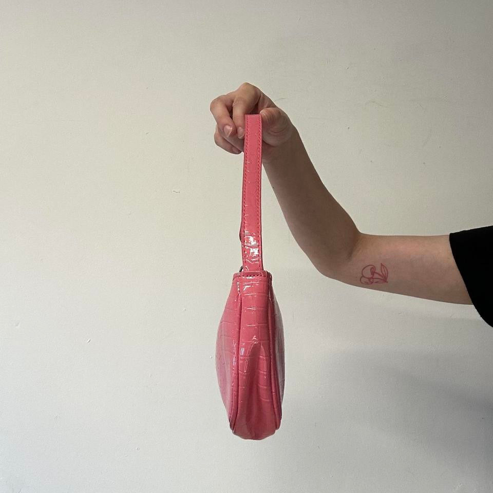 pink faux leather croc effect shoulder bag