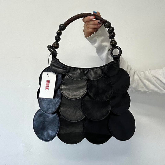 black faux leather disc beaded shoulder bag
