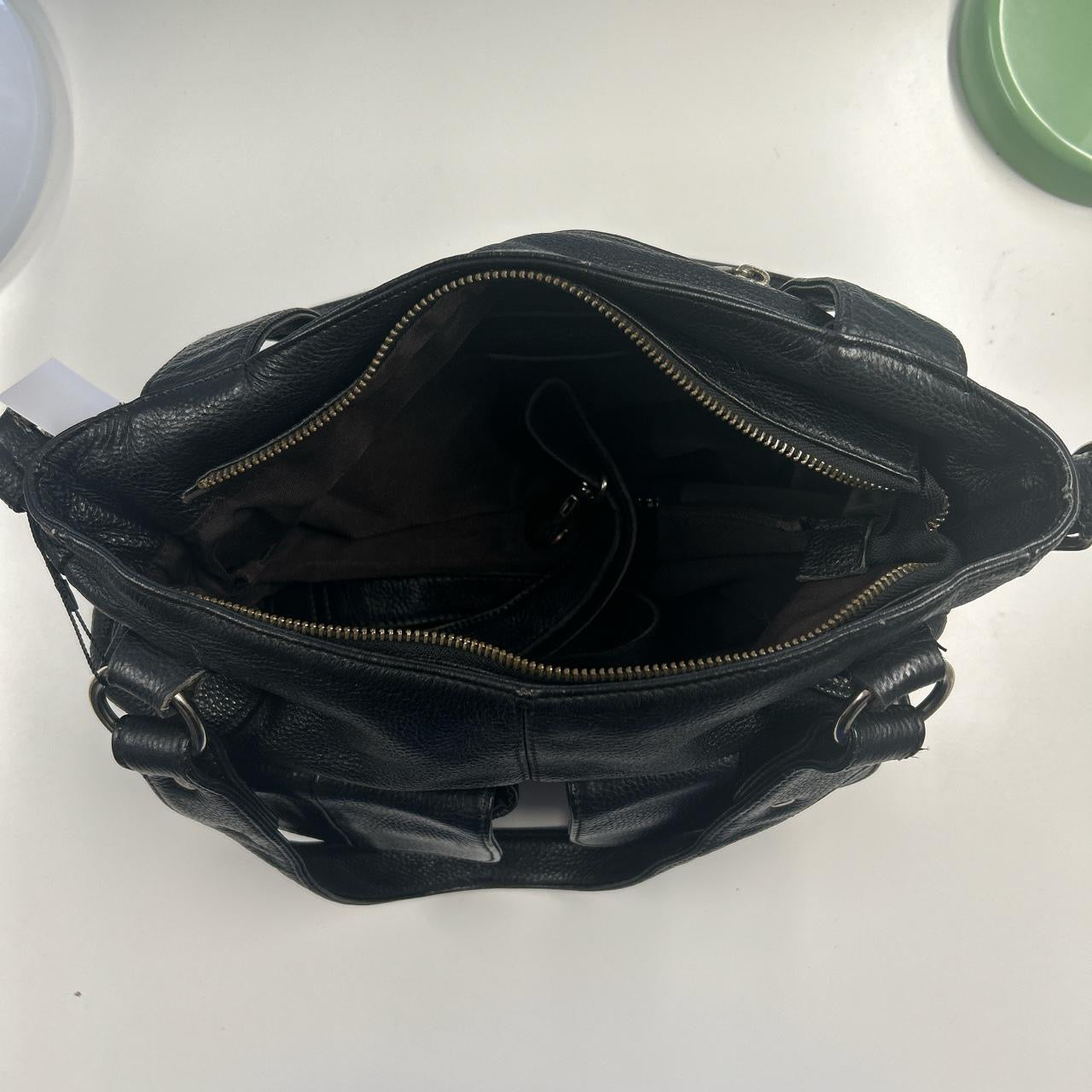 black genuine leather double pocket shoulder bag