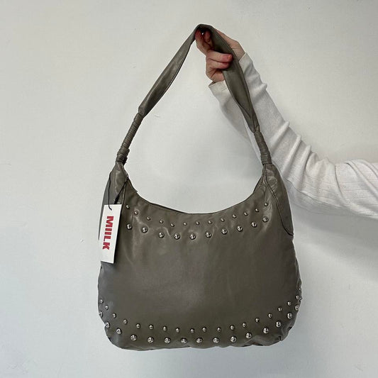 grey faux leather studded shoulder bag