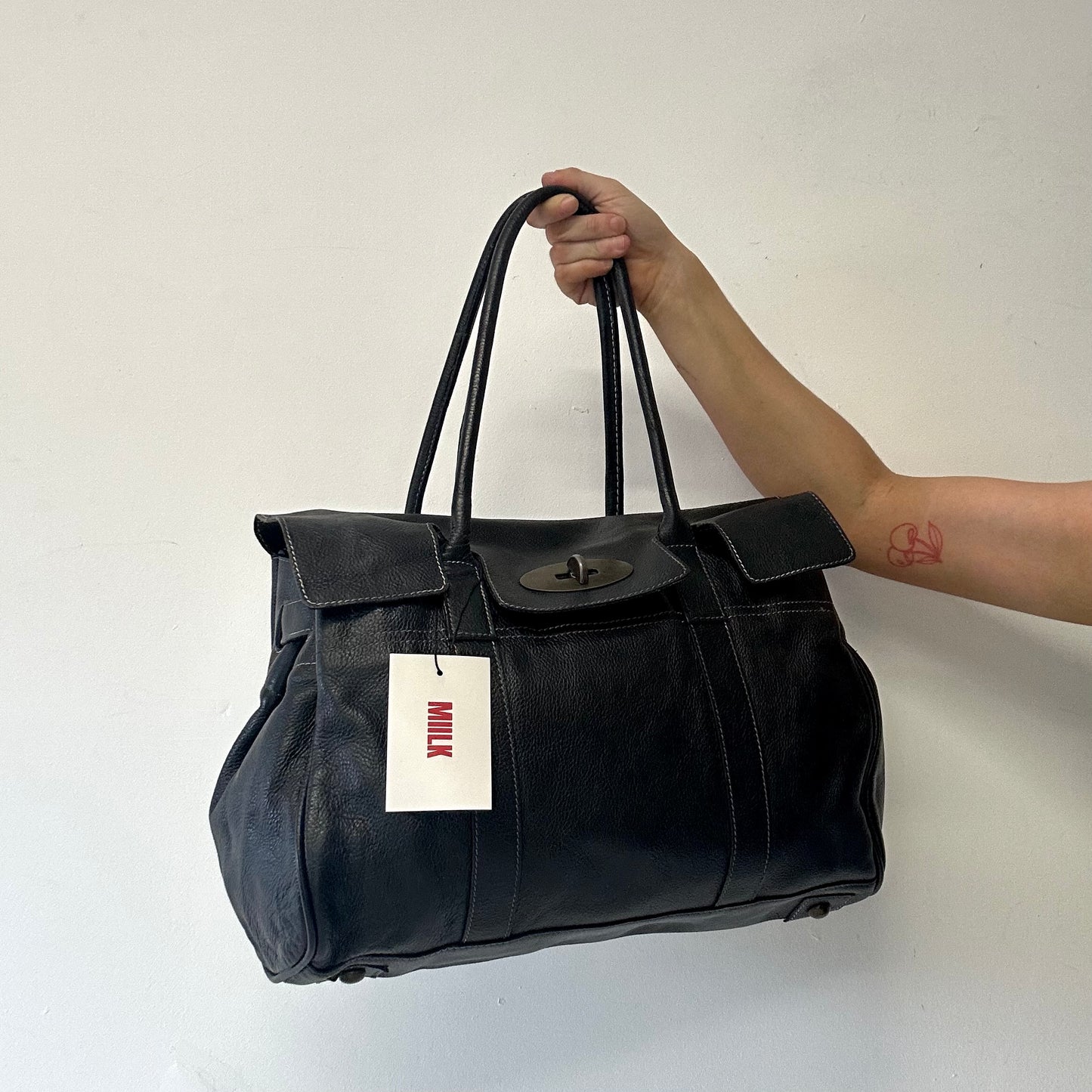 black genuine leather buckle shoulder bag