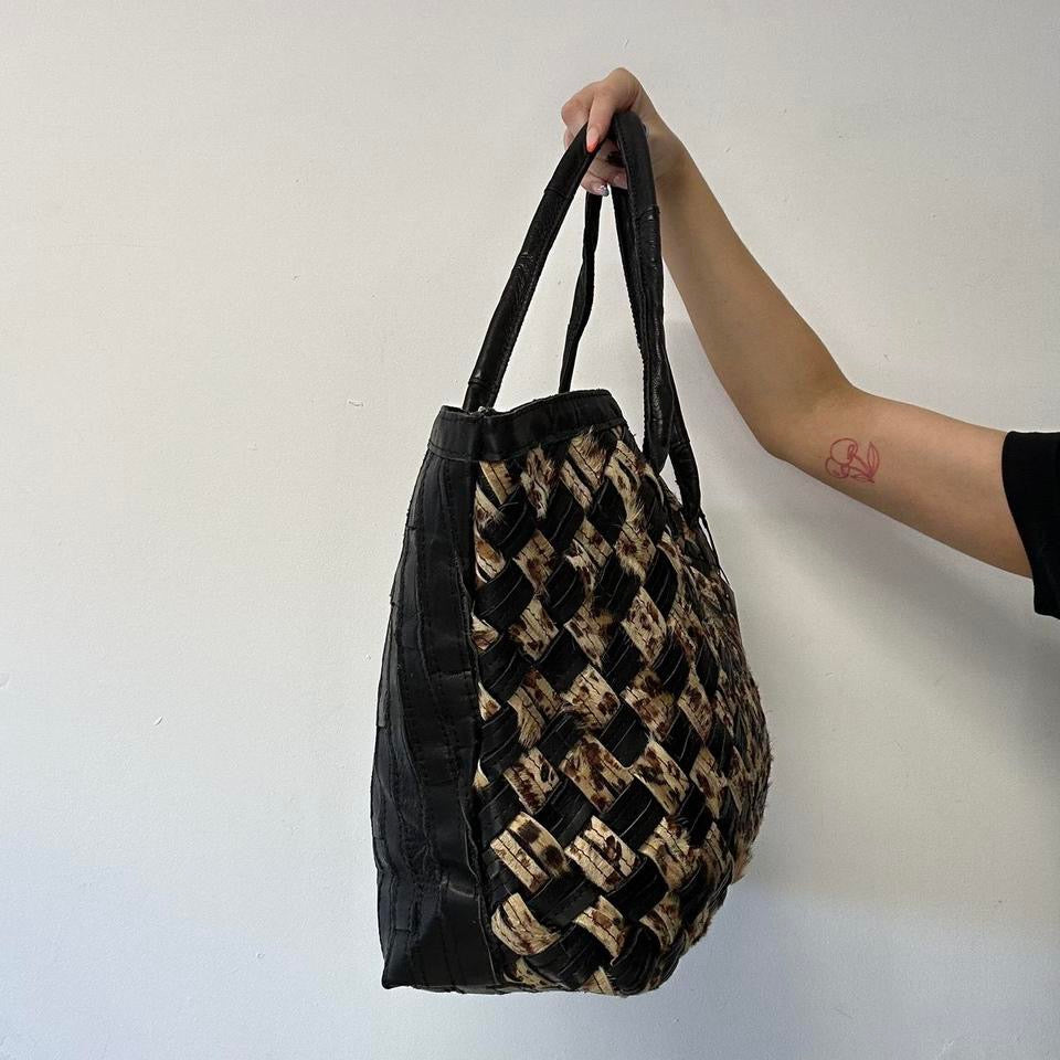 leopard print and black woven leather shoulder bag