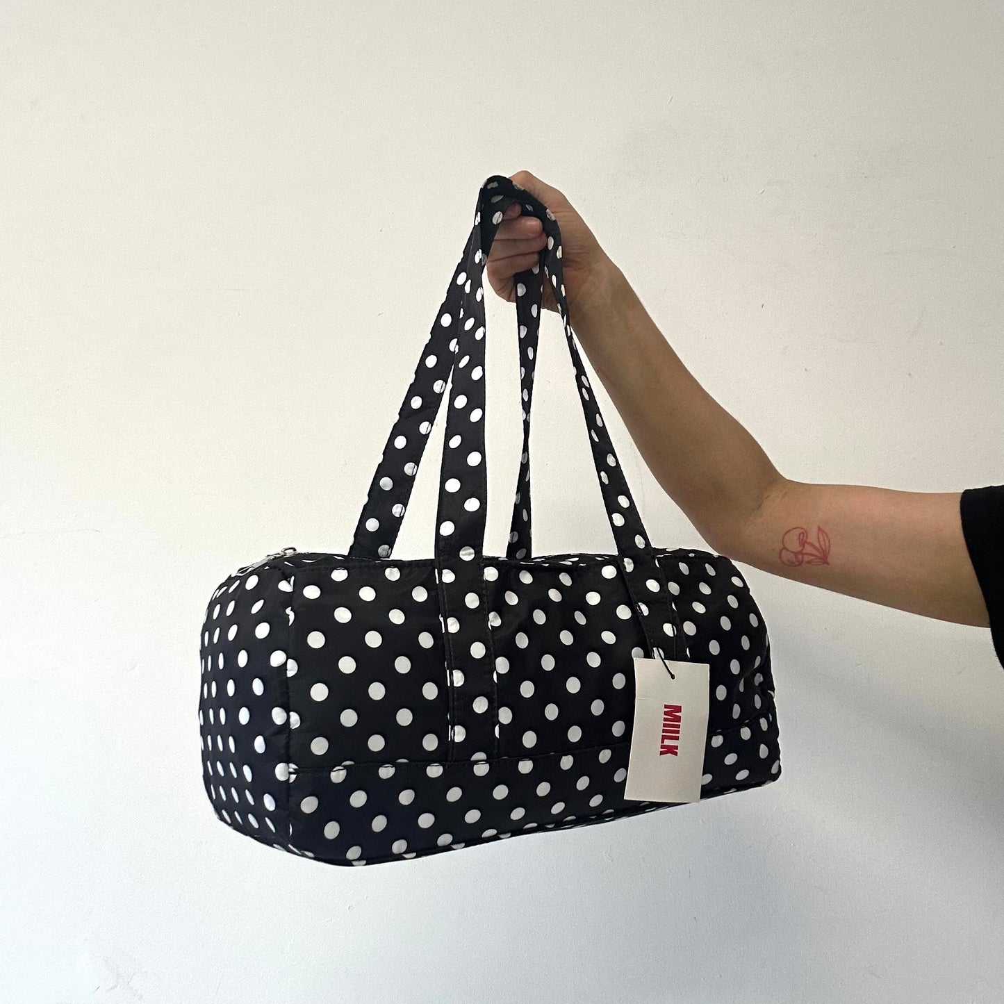 black and white polka dot lightweight canvas shoulder bag